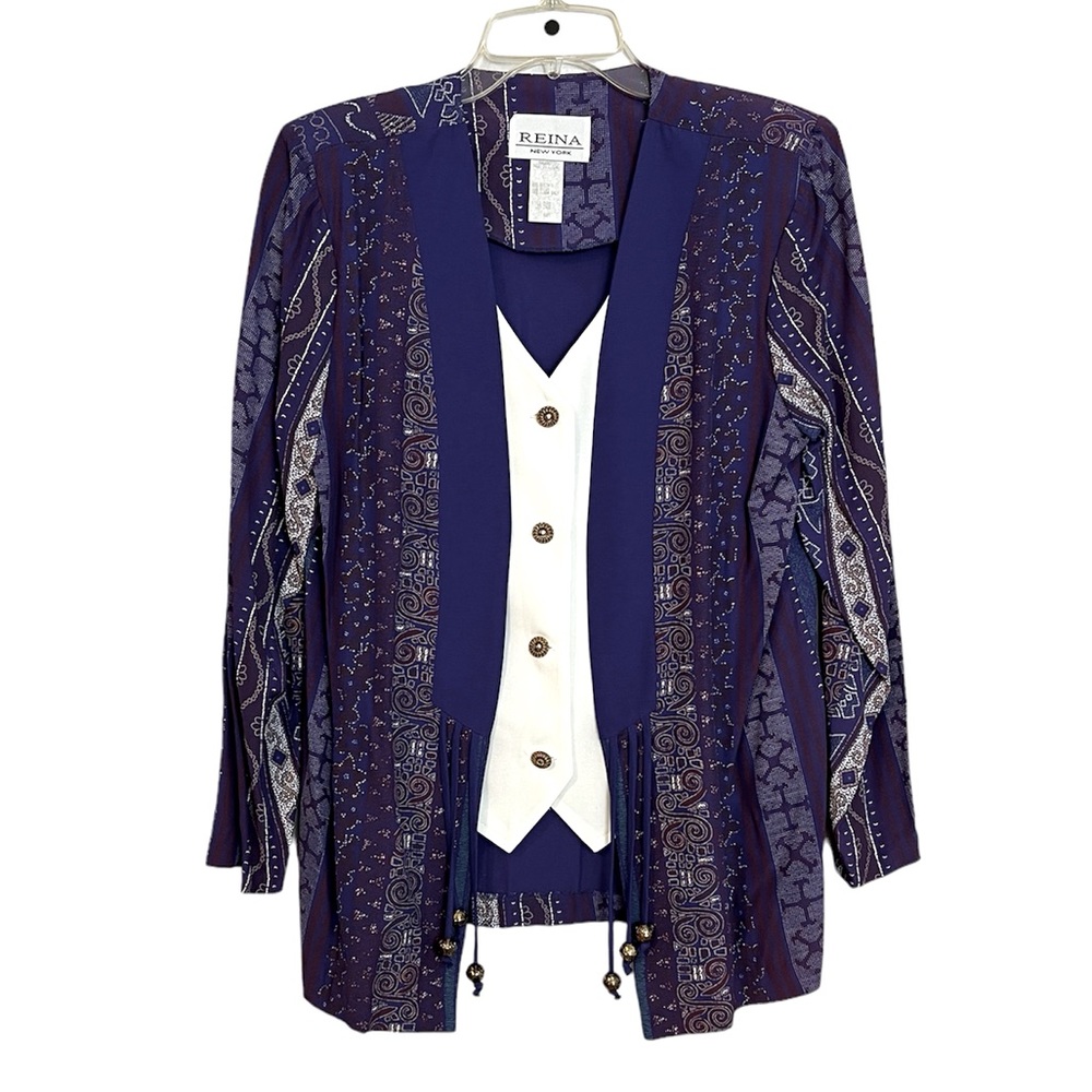 Reina New York Mixed-Print Jacket/Blazer with
Attached Vest Details